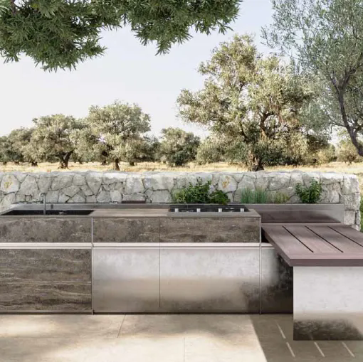 Cucina Design con penisola in acciaio inox, gres e frassino Loggia Out Alberobello 1|3 di Zampieri Cucine