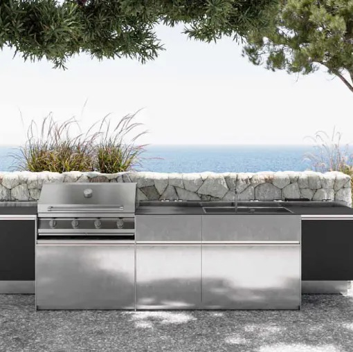 Cucina Design con isola Loggia Out Santorini 1|1 in acciaio inox e gres di Zampieri Cucine