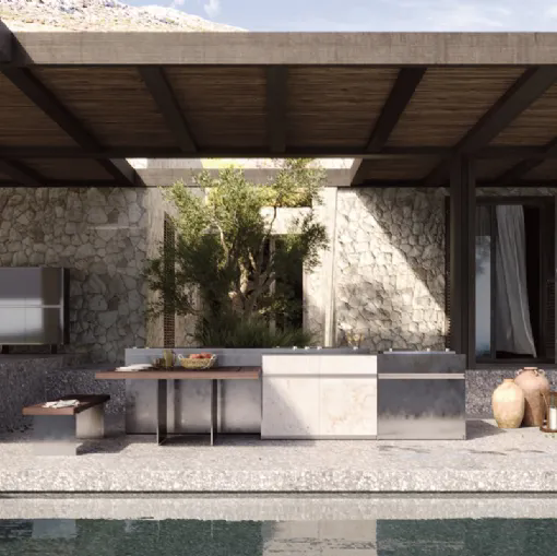 Cucina Design con isola Loggia Out Santorini 1A in acciaio inox di Zampieri Cucine