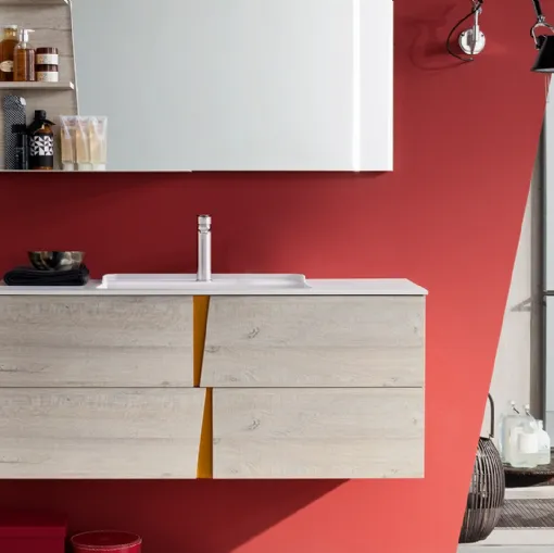 Mobile da Bagno sospeso Wector 02 in melaminico Nodato Bianco con maniglie in laccato Zucca opaco di Ardeco