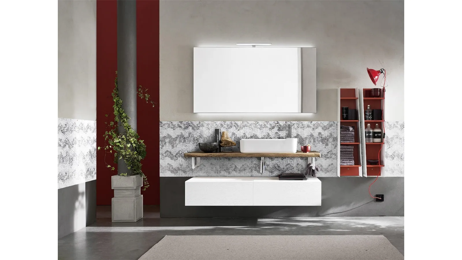 Mobile da Bagno sospeso in melaminico Olmo Gesso Wind 48 con top in legno massello dalla forma irregolare di Ardeco
