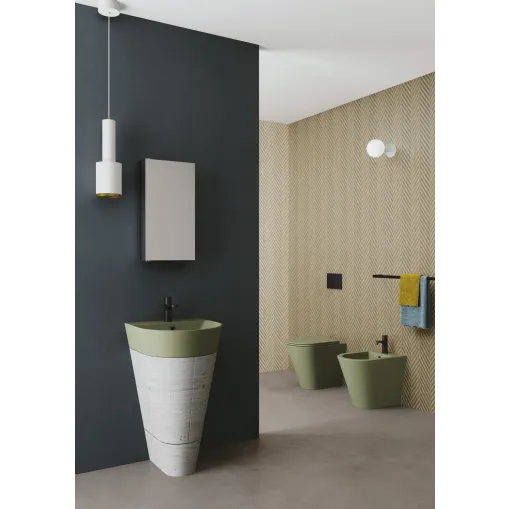 Mobile Bagno a terra finitura cemento dalla forma conica con lavabo in ceramica verde natura Forma 01 di Azzurra Ceramica