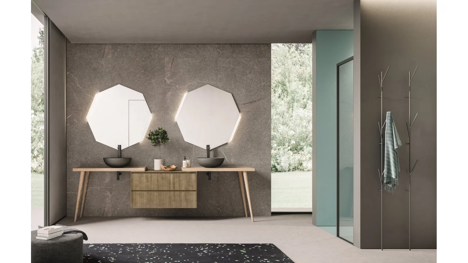Mobile da Bagno a terra in rovere nodato naturale e laccato metal ottone con lavelli in ceramica Calix XL 03 di Novello