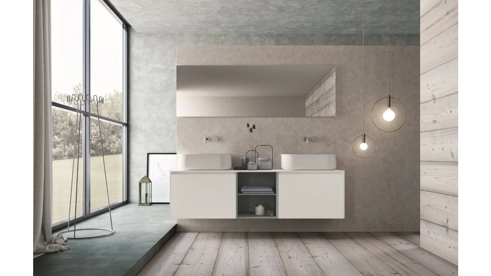 Mobile da Bagno sospeso in HPL bianco e laccato azzurro con top bianco opaco con doppio lavabo Calix XL 05 di Novello