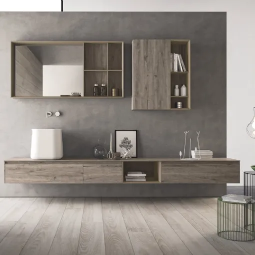 Mobile da Bagno in HPL rovere barrique e laccato canapa opaco con lavabo in teknorit bianco opaco Calix XL 14 di Novello