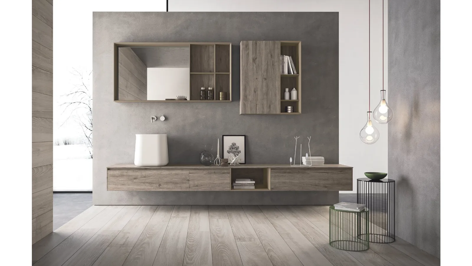 Mobile da Bagno in HPL rovere barrique e laccato canapa opaco con lavabo in teknorit bianco opaco Calix XL 08 di Novello