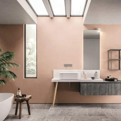 Mobile da Bagno in laccato metal acciaio, top in teknorit laccato bianco e gamba in rovere nodato naturale Calix XL 10 di Novello