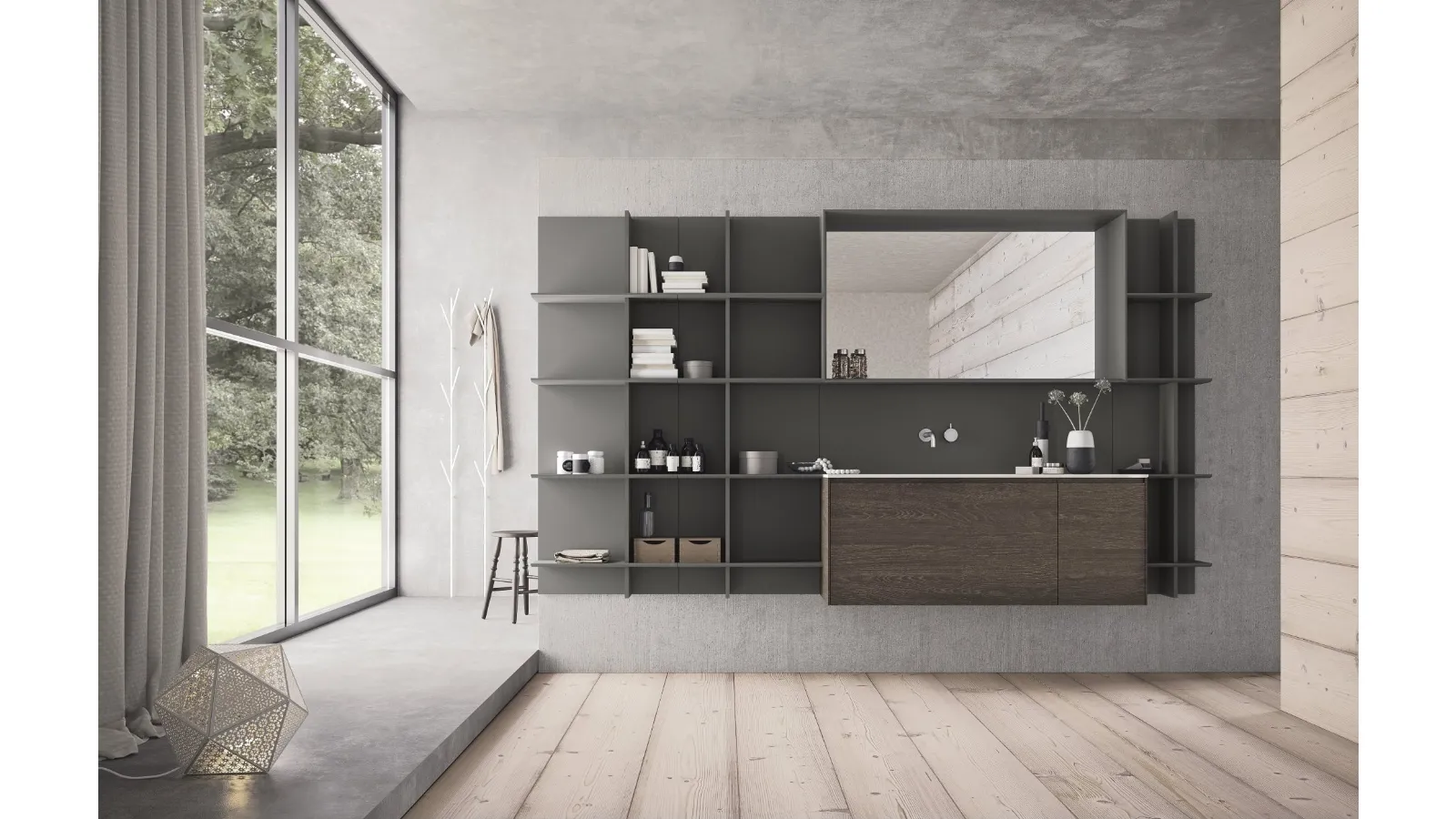 Mobile da Bagno sospeso in HPL rovere bruciato e laccato grigio scuro opaco Calix XL 18 di Novello