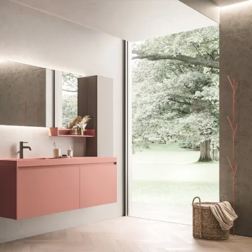 Mobile da Bagno sospeso in laccato rosa corallo opaco con top in teknorit dello stesso colore Calix XL 14 di Novello
