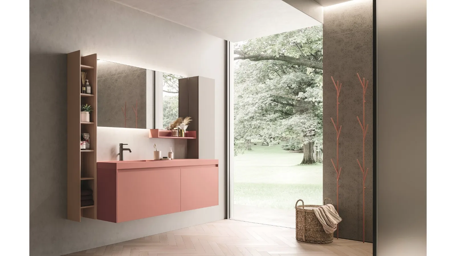 Mobile da Bagno sospeso in laccato rosa corallo opaco con top in teknorit dello stesso colore Calix XL 14 di Novello