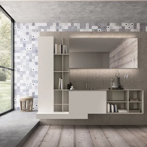 Mobile da Bagno sospeso in HPL bianco stone e laccato grigio con top in cristallo grigio chiaro lucido Calix XL 15 di Novello