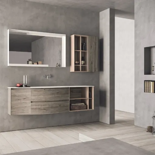 Mobile da Bagno sospeso con frontali curvi in HPL rovere barrique e laccato corda opaco Calix XL 16 di Novello