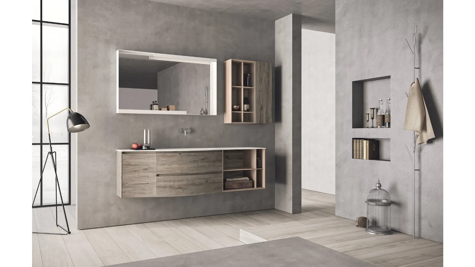Mobile da Bagno sospeso con frontali curvi in HPL rovere barrique e laccato corda opaco Calix XL 16 di Novello