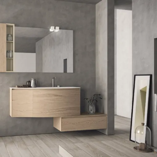 Mobile da Bagno sospeso con frontali curvi in HPL unicolor rovere naturale e lavabo integrato in teknorit bianco opaco Calix XL 17 di Novello