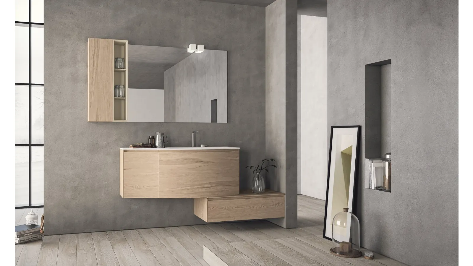 Mobile da Bagno sospeso con frontali curvi in HPL unicolor rovere naturale e lavabo integrato in teknorit bianco opaco Calix XL 05 di Novello