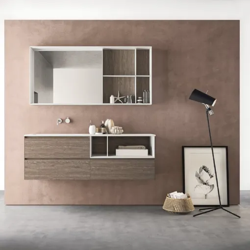 Mobile da Bagno sospeso in HPL unicolor rovere tabacco e lavabo integrato in Teknorit bianco opaco Calix XL 19 di Novello