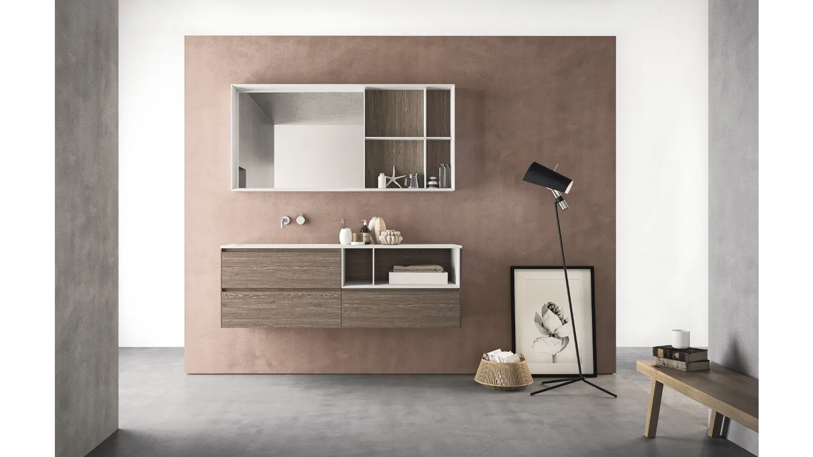 Mobile da Bagno sospeso in HPL unicolor rovere tabacco e lavabo integrato in Teknorit bianco opaco Calix XL 19 di Novello