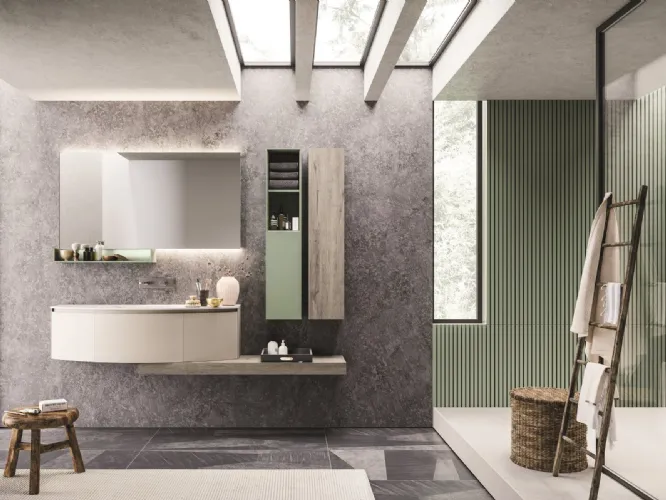 Mobile da Bagno sospeso con frontali curvi laccati seta opaco e HPL rovere barrique Calix XL 20 di Novello