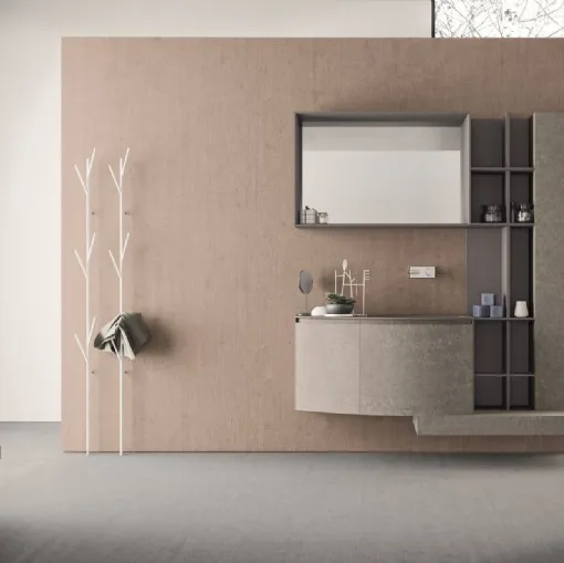 Mobile da Bagno sospeso con frontali curvi in HPL unicolor portland e lavabo integrato in teknorit tortora opaco Calix XL 21 di Novello