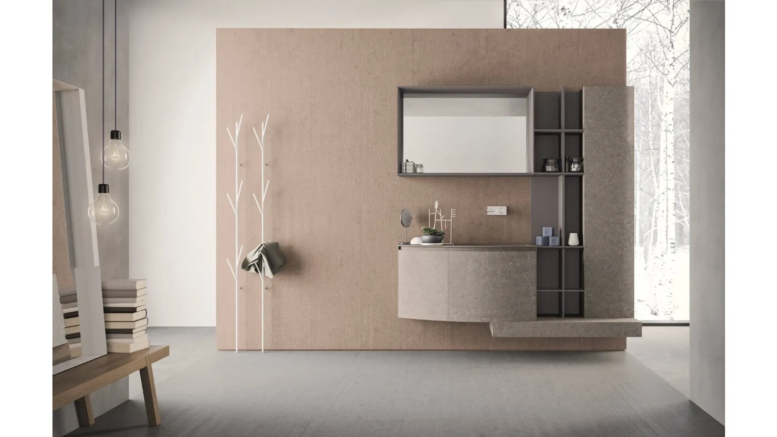 Mobile da Bagno sospeso con frontali curvi in HPL unicolor portland e lavabo integrato in teknorit tortora opaco Calix XL 01 di Novello