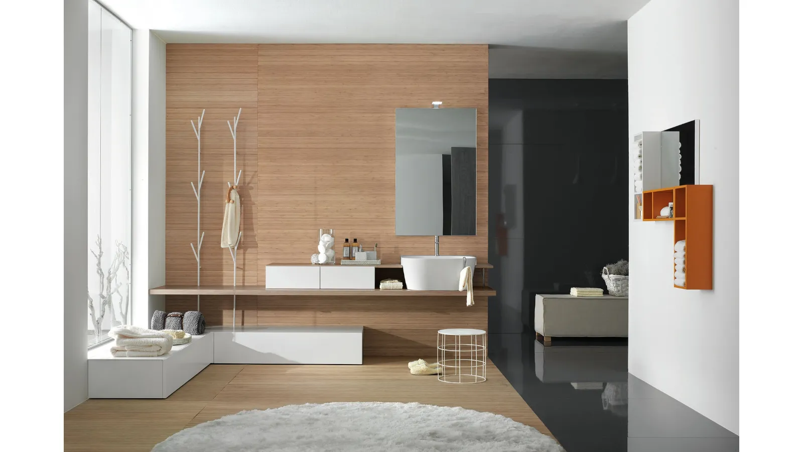 Mobile da Bagno a terra in laccato opaco con top in rovere ecru Canestro 01 di Novello