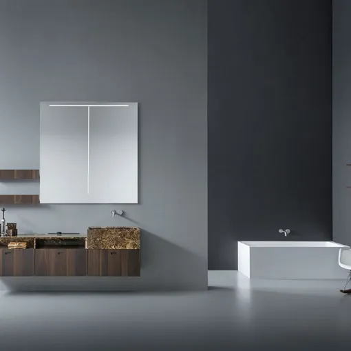 Mobile da Bagno sospeso in rovere termocotto con lavabo e top in marmo EmperadorCraft 04 di Novello