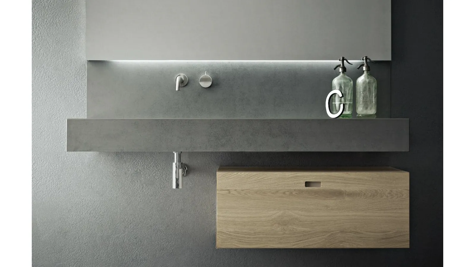 Mobile da Bagno sospeso in rovere con lavabo in laminam Pietra Savoia grigia Craft 05 di Novello