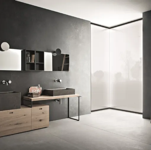 Mobile da Bagno a terra in legno di rovere naturale e lavabi in pietra grey Craft 09 di Novello