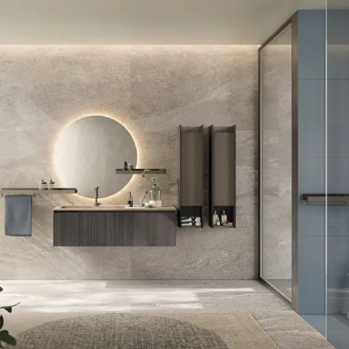 Mobile da Bagno sospeso in rovere fumo con top in laminam D'Art 04 di Novello