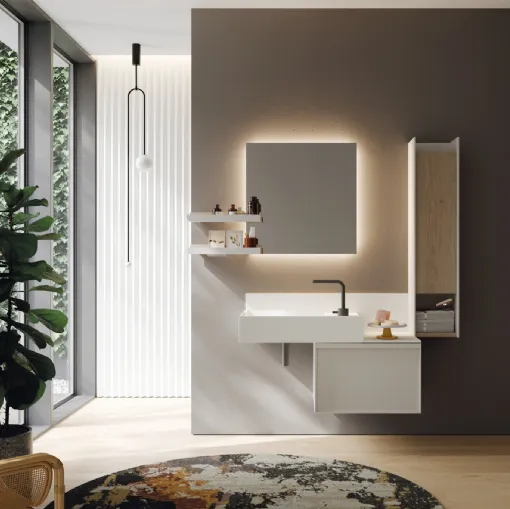 Mobile da Bagno sospeso in laccato opaco con pensile in rovere e lavabo in teknorit bianco opaco D Art 05 di Novello