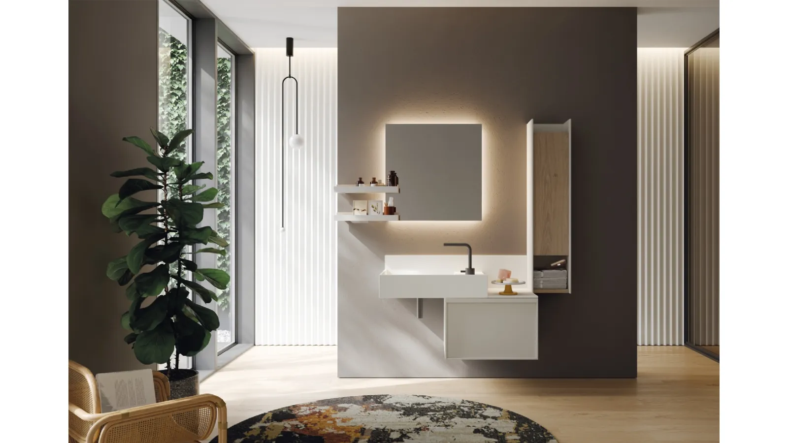 Mobile da Bagno sospeso in laccato opaco con pensile in rovere e lavabo in teknorit bianco opaco D'Art 05 di Novello