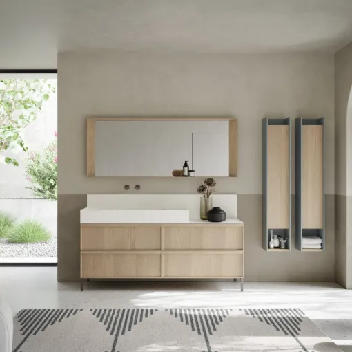 Mobile da Bagno a terra con ante in rovere con frontale plissè e alzatina in teknorit bianco opaco D'Art 06 di Novello