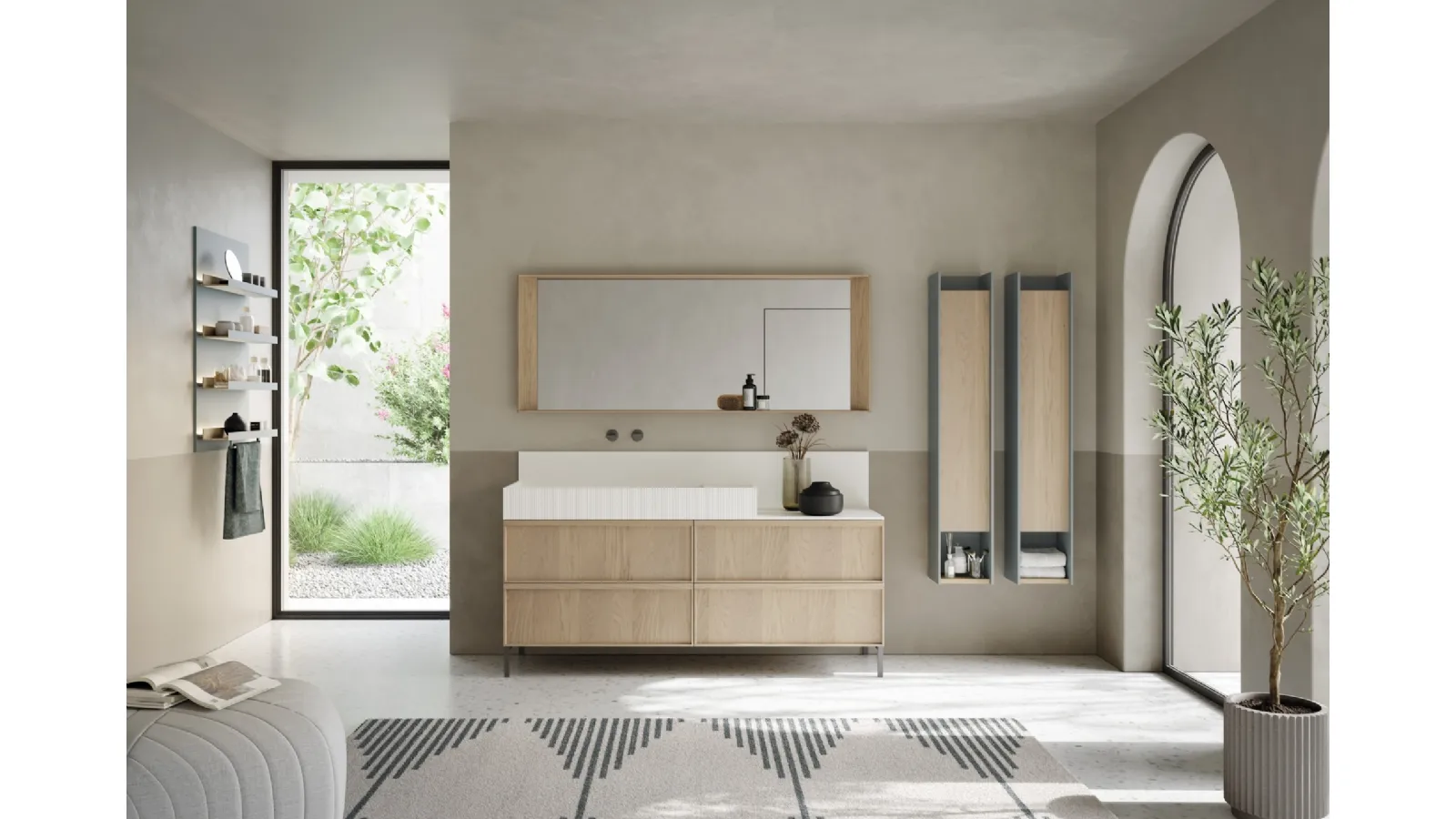 Mobile da Bagno a terra con ante in rovere con frontale plissè e alzatina in teknorit bianco opaco D Art 06 di Novello