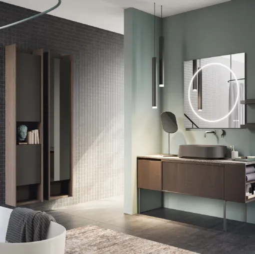 Mobile da Bagno a terra in rovere e top in laminam porfido marrone fiammato D Art 09 di Novello