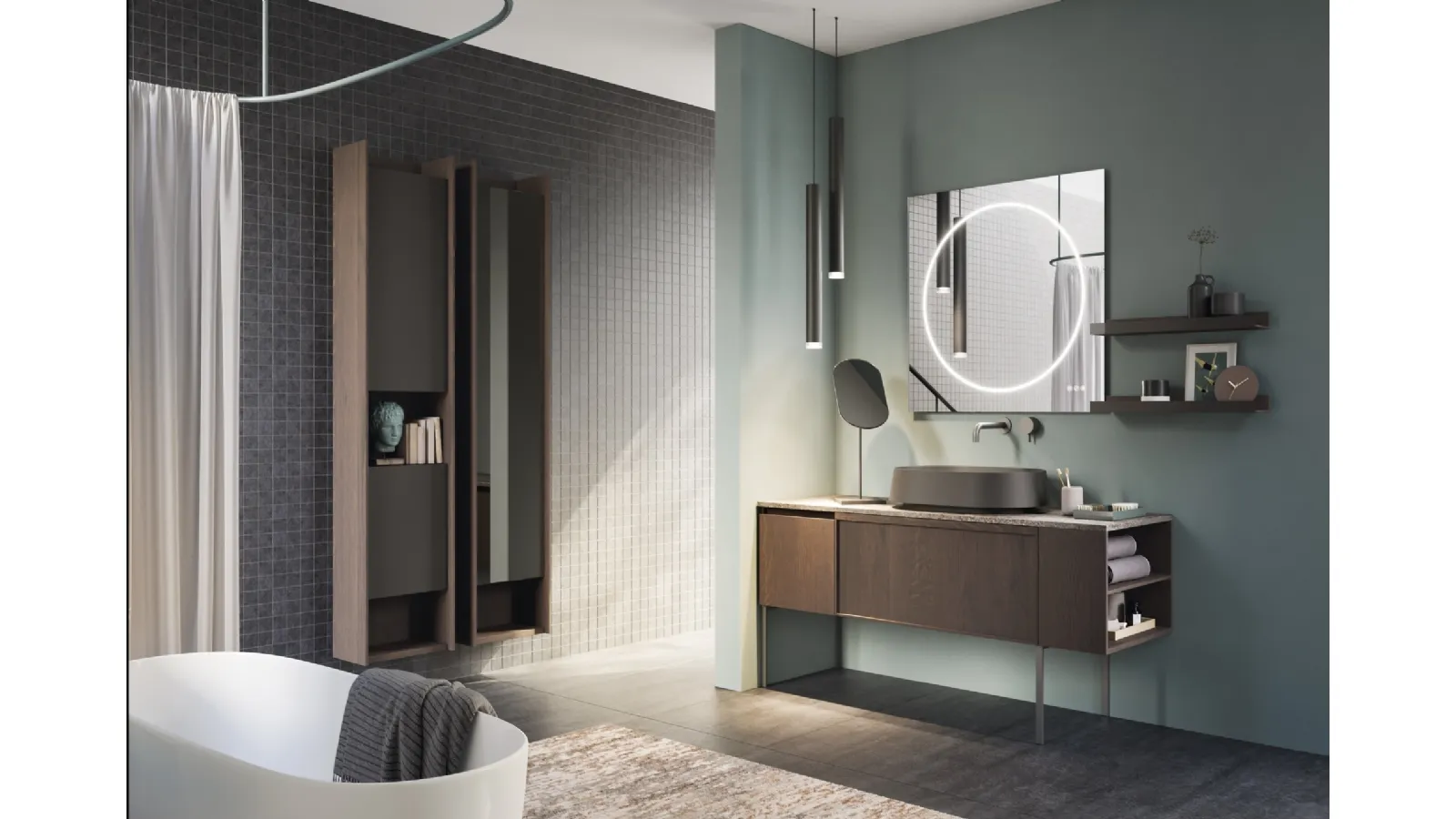 Mobile da Bagno a terra in rovere e top in laminam porfido marrone fiammato D'Art 09 di Novello