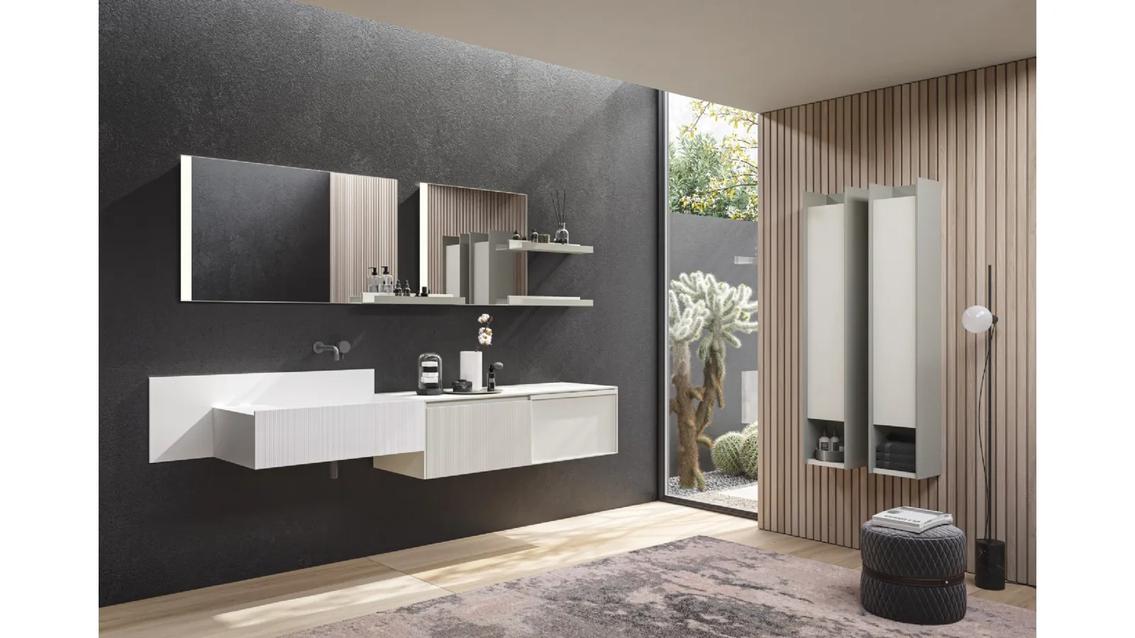 Mobile da Bagno sospeso in laccato opaco peltro e platino con frontale plissettato D'Art 10 di Novello