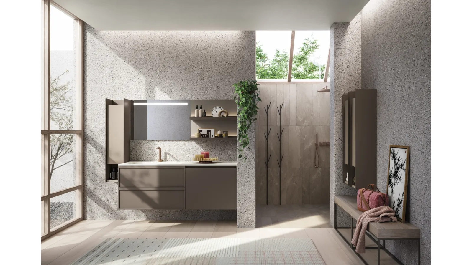Mobile da Bagno in laccato opaco con panca in rovere D'Art 11 di Novello