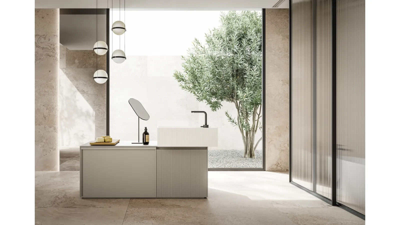 Mobile da Bagno a terra in laccato opaco e lavabo in teknorit bianco opaco D Art 13 di Novello