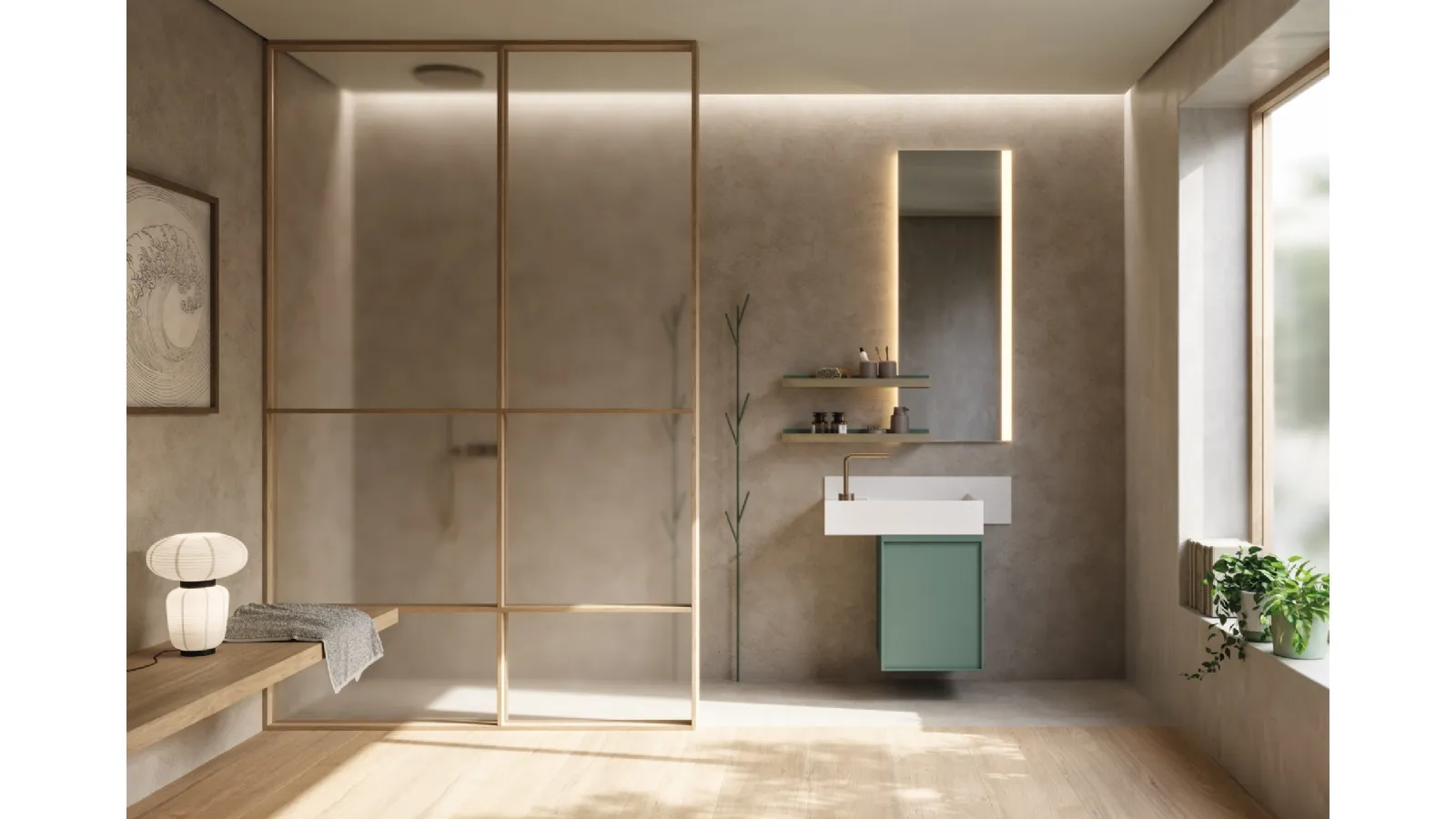 Mobile da Bagno sospeso in laccato opaco verderame e ottone D'Art 14 di Novello