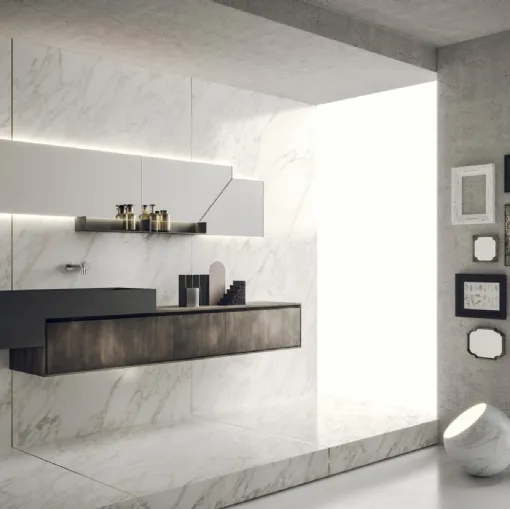 Mobile da Bagno sospeso in laccato metal titanio e piano lavabo integrato con alzatina in cemento grigio scuro Libera+ 01 di Novello