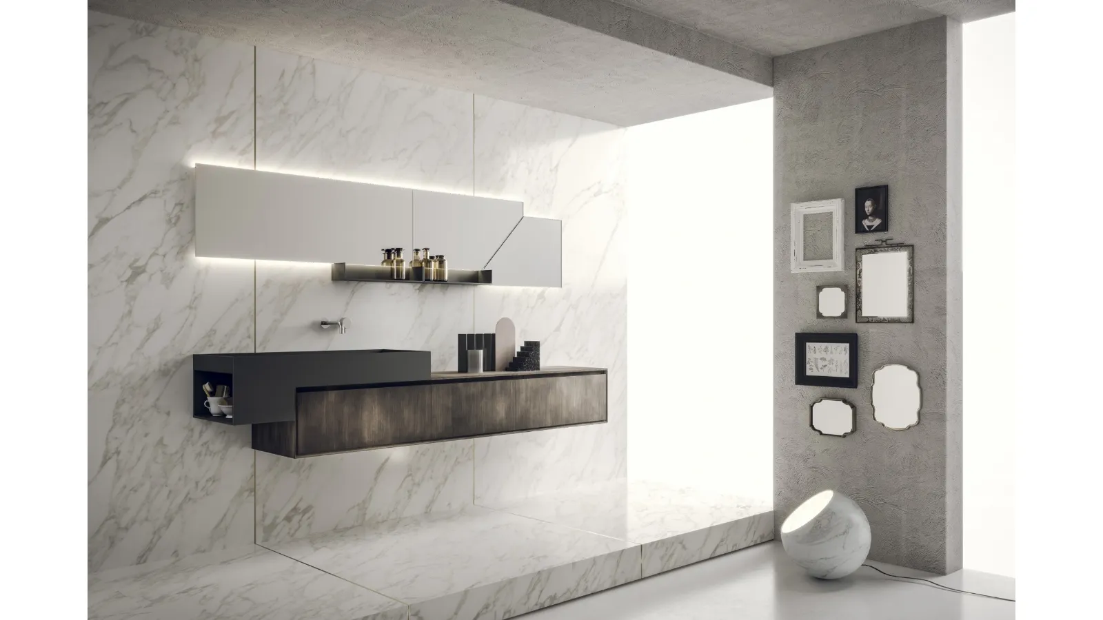 Mobile da Bagno sospeso in laccato metal titanio e piano lavabo integrato con alzatina in cemento grigio scuro Libera+ 01 di Novello