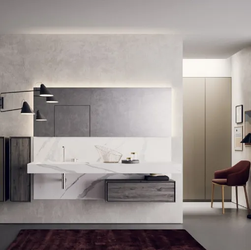 Mobile da Bagno sospeso in HPL rovere barrique con piano lavabo integrato e alzatina in laminam statuario Libera+ 07 di Novello