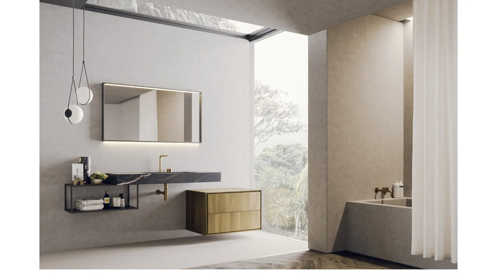 Mobile da Bagno sospeso con struttura in metallo laccato grigio scuro e base sospesa in laccato metal ottone con piano lavabo integrato in laminam noir desir Libera+ 11 di Novello