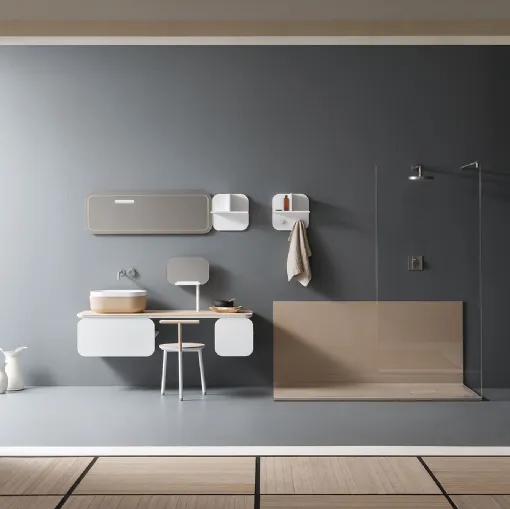 Mobile da Bagno sospeso in laccato bianco con top in castagno naturaleOblon WA di Novello