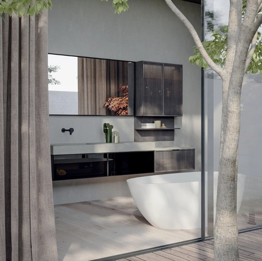 Mobile da Bagno soseso Quari New 01 in vetro e rovere fumo di Novello