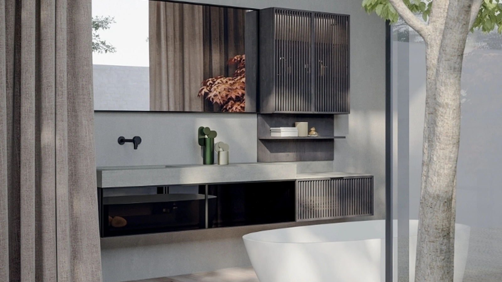 Mobile da Bagno soseso Quari New 01 in vetro e rovere fumo di Novello