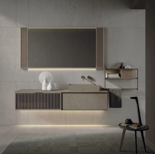 Mobile da Bagno sospeso Quari New 02 in gres e rovere di Novello