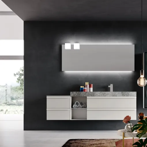 Mobile da Bagno sospeso in laccato Bianco opaco con top in HPL effetto Pietra Start Line 08 di Ardeco