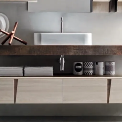 Mobile da Bagno in melaminico Olmo Juta effetto legno e top in HPL effetto ruggine Wector 08 di Ardeco