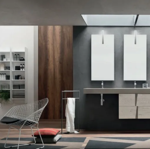 Mobile da Bagno sospeso in melaminico Nodato Bianco con top con doppio lavabo e maniglie in Ecomalta Wector 15 di Ardeco